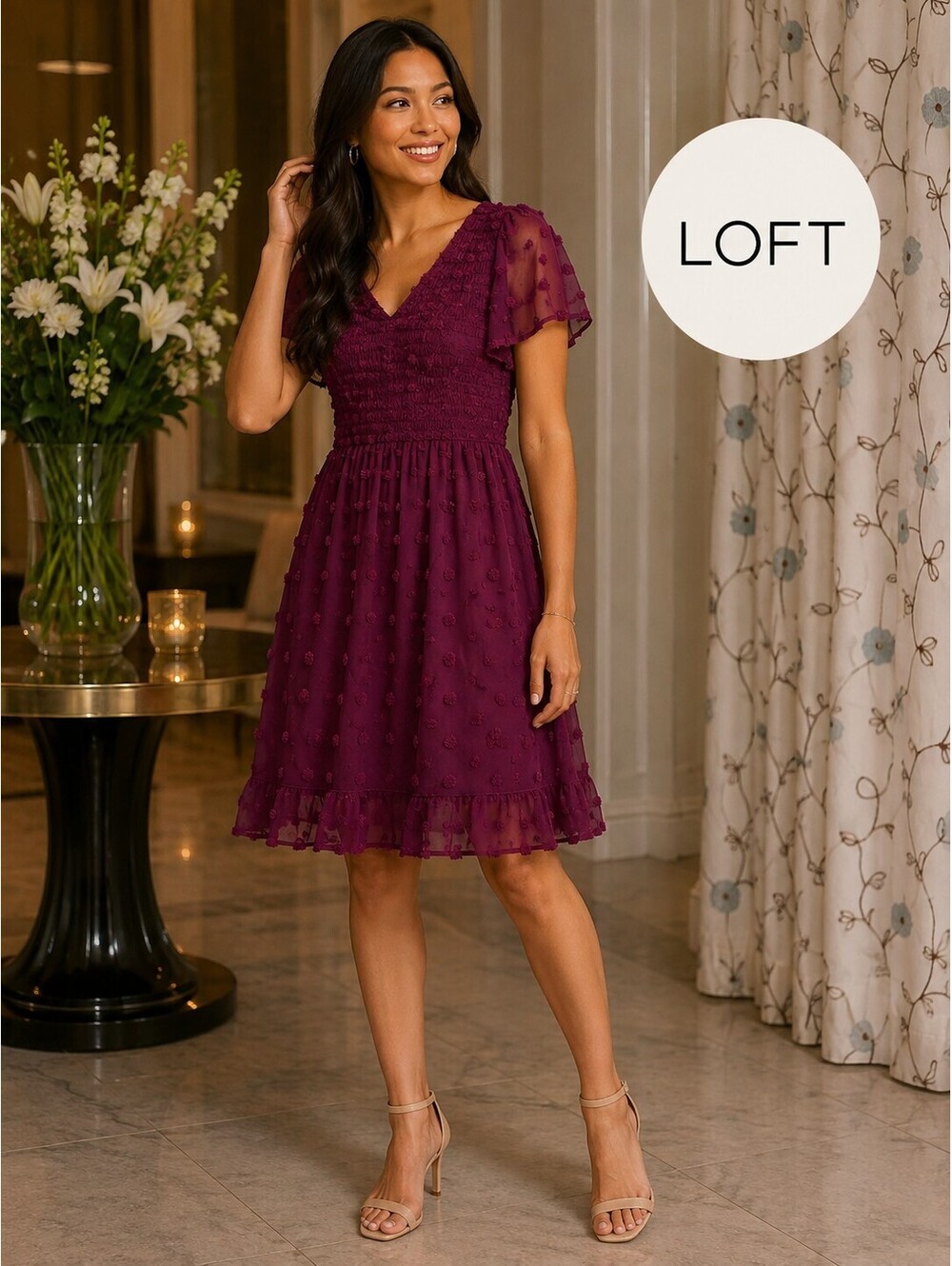 Tecrew | M | Burgundy Smocked Lace Short Sleeve Dress